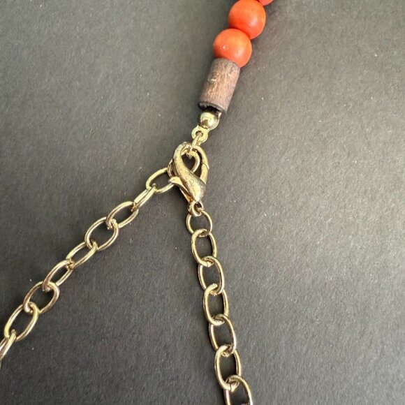 Vintage 80's Orange Aux Agate Wood Bead Necklace Earrings Set W/ Brass Accents - Picture 6 of 8